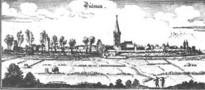 Das mittelalterliche Stadtbild Dülmens in der Zeit um 1646 nach einem Stich aus dem Werk „Topographica“ des Verlegers und Künstlers Matthias Merian des Älteren.